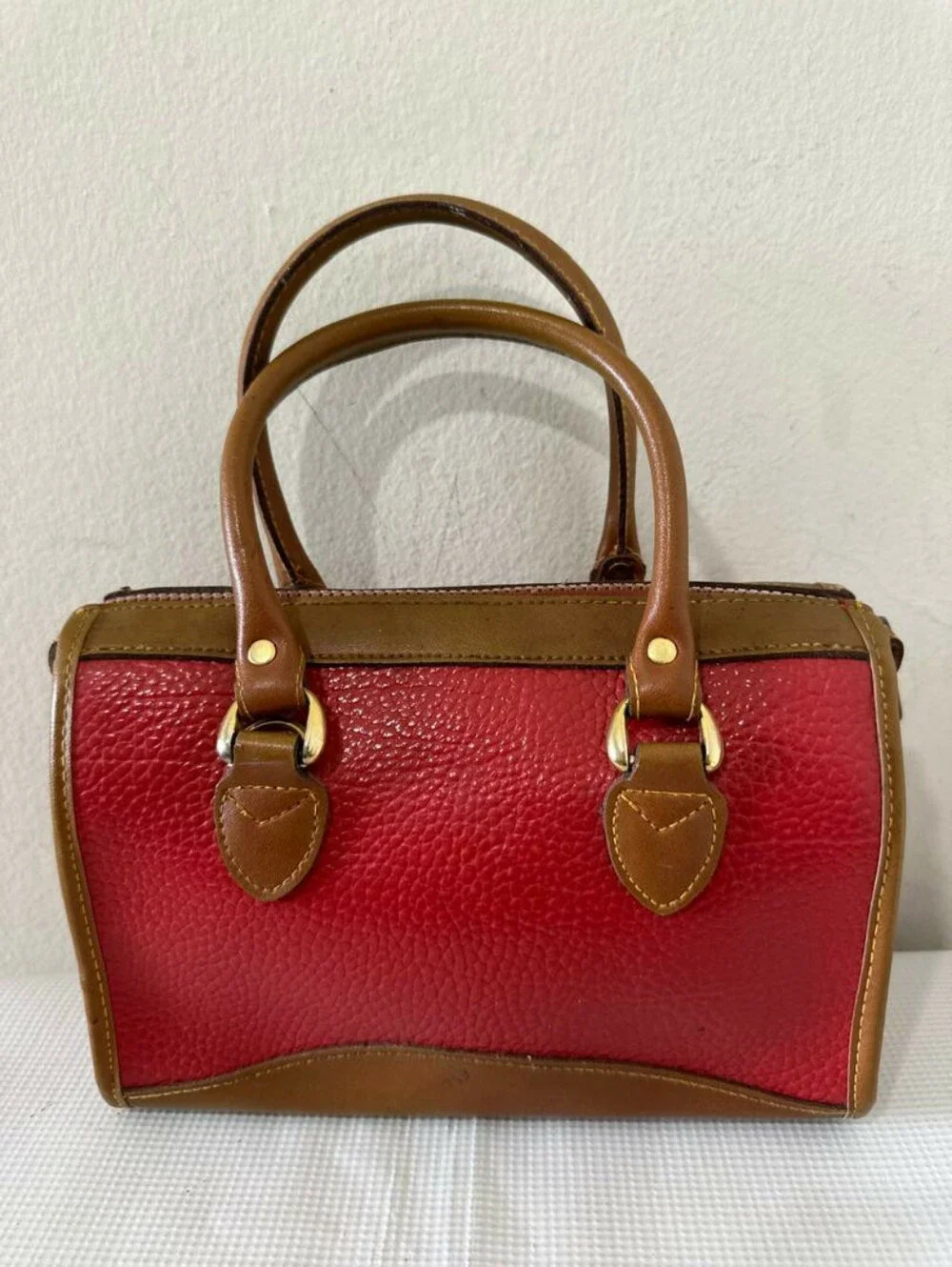 Vintage Dooney & Bourke AWL Red & British Tan Mini Boston Satchel Bag